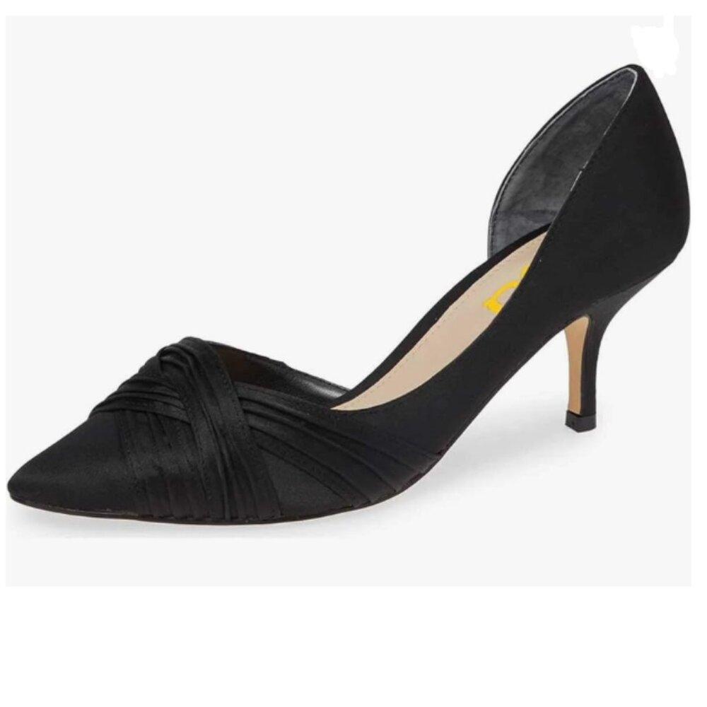 FSJ Black Mid Heels Pointed Toe Slip on Pumps D'Orsay Pleated Satin Shoes